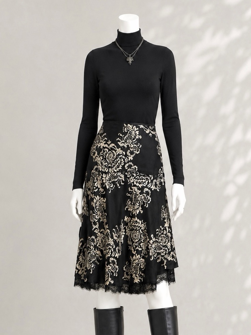 White House Black Market Silk Skirt 2 Black Ivory Baroque Floral WHBM Gothic - Picture 9 of 13